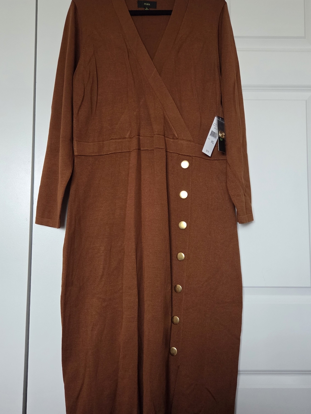 Rust Brown Wrap Midi Dress with Gold Buttons